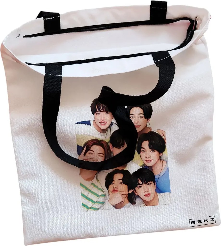 Sacosa de Panza pentru Cumparaturi, Geanta Tote, model BTS Army 2, Cu fermoar, 38x34.5 cm, Alba, BEKZ®