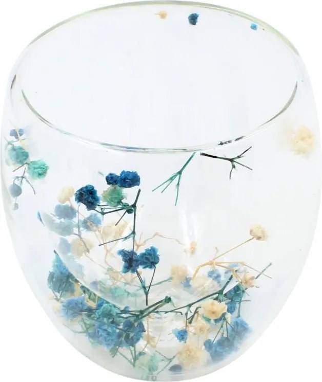 Pahar cu inserție de flori uscate, floarea miresei alb și albastru, pereți dubli, sticlă borosilicată, 250 ml, Aurora Bloom