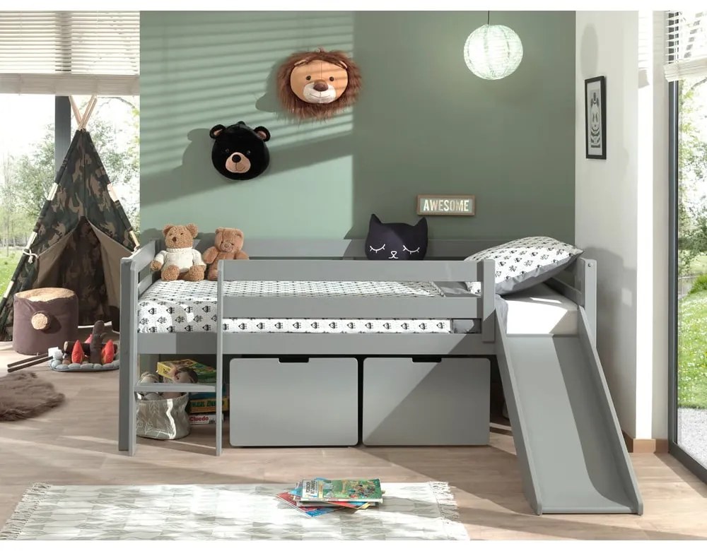 Pat înalt cu tobogan pentru copii gri 90 x 200 cm Pino - Vipack