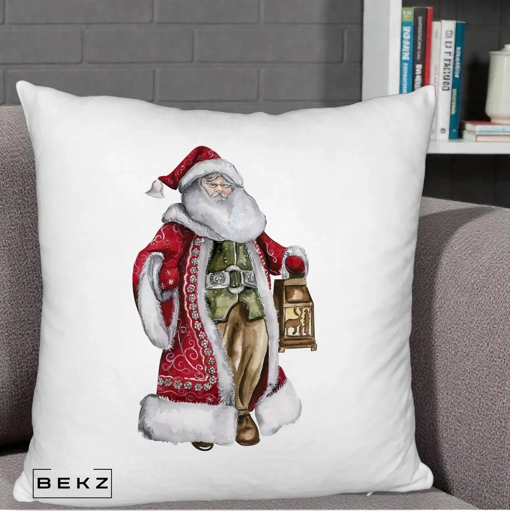 Perna Decorativa Mos Craciun Vintage cu Felinar, 40x40 cm, Alb Pufos, Husa Detasabila, Perna Inclusa, BEKZ®