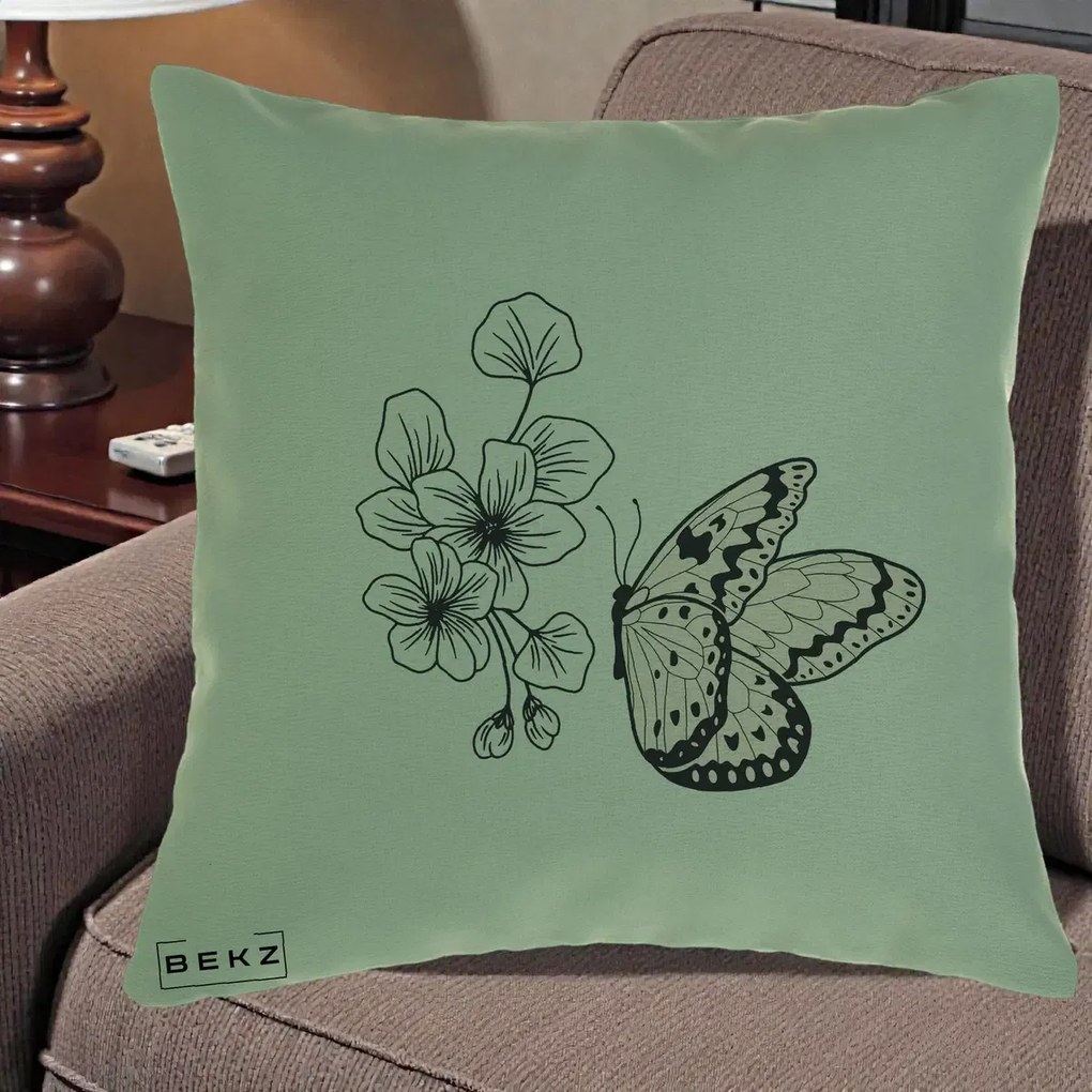 Perna Decorativa Fluture si Flori Linie Monocroma, 40x40 cm, Verde, Husa Detasabila, Perna Inclusa, BEKZ®