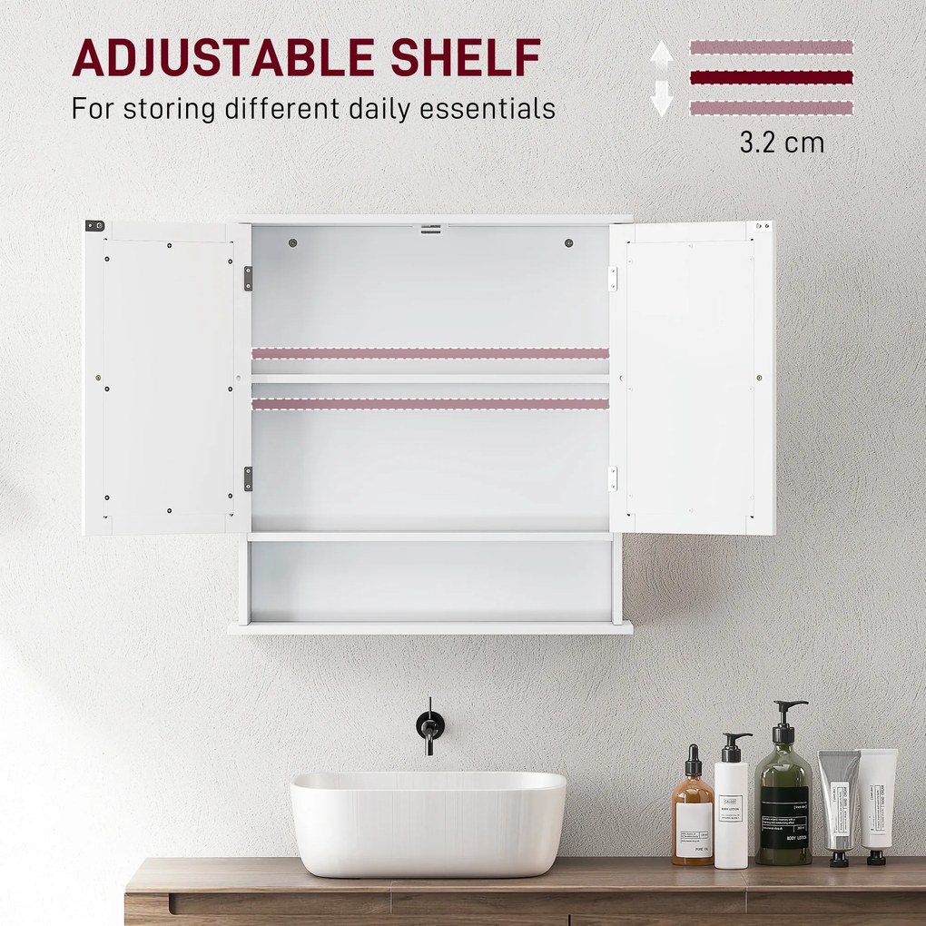 kleankin Dulap Suspendat pentru Baie cu 2 Uși cu Oglindă și Raft Deschis, Raft Interior Reglabil, Mânere Metalice, 56x13x58 cm, Alb | Aosom Romania