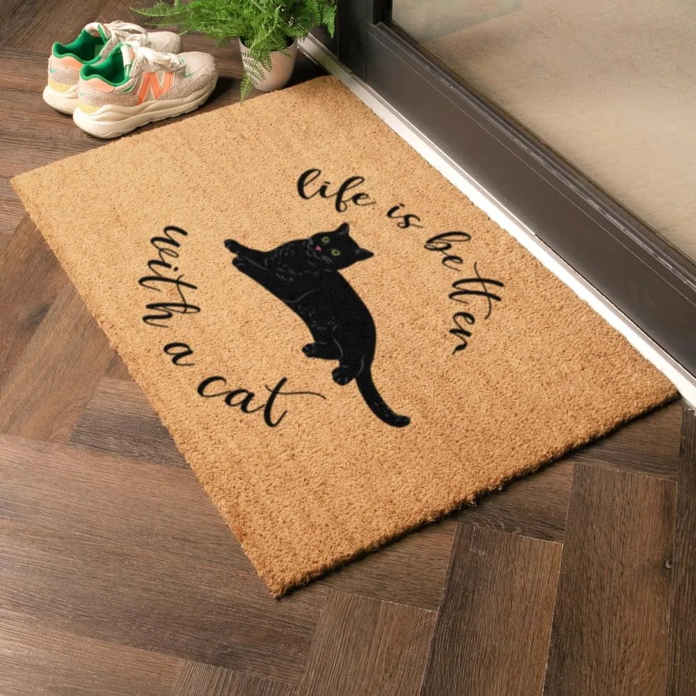 Covoraș de intrare din fibre de nucă de cocos 40x60 cm Life Is Better With a Cat – Artsy Doormats