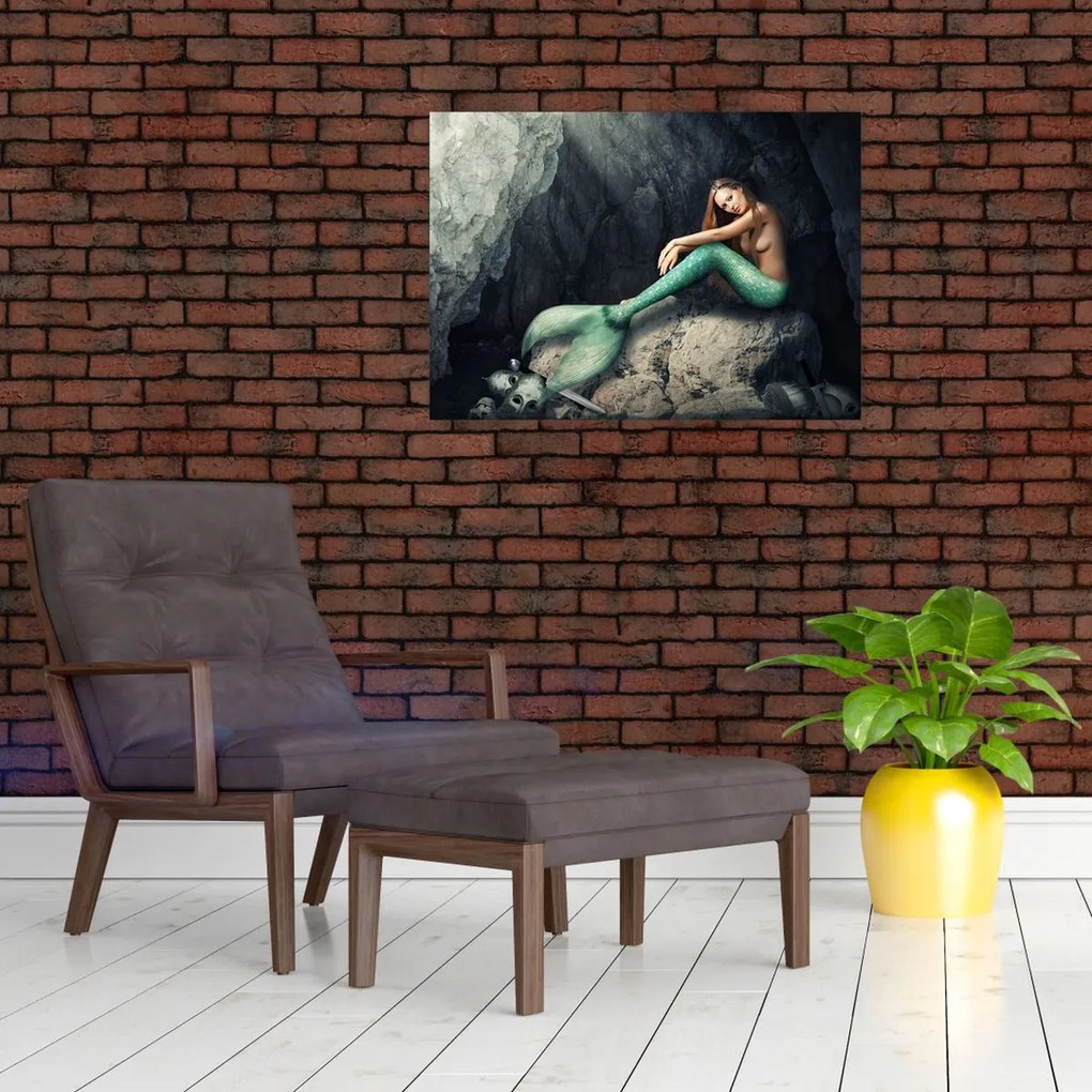 Tablou pe sticlă - Sirena pe stâncă (70x50 cm)