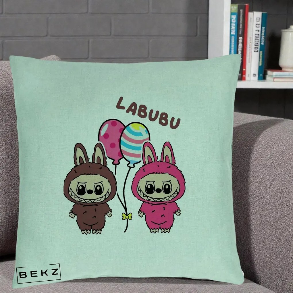 Perna Personalizata Labubu Cuplu cu Baloane, 40x40 cm, Verde Menta, Husa Detasabila, Perna Inclusa, BEKZ®