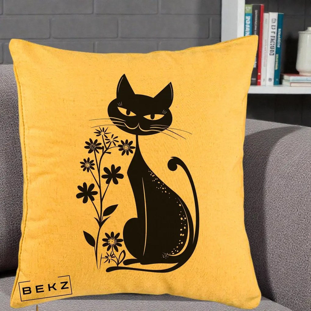 Perna Decorativa Pisica Neagra Grafica Minimalista, 40x40 cm, Galben, Husa Detasabila, Perna Inclusa, BEKZ®