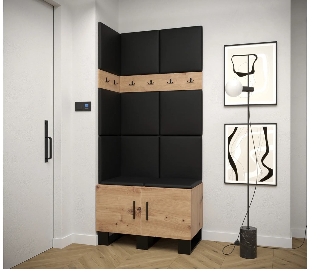 Set mobilier pentru hol Amanda 11 (Stejar artisan + piele ecologică Negru). 1085955