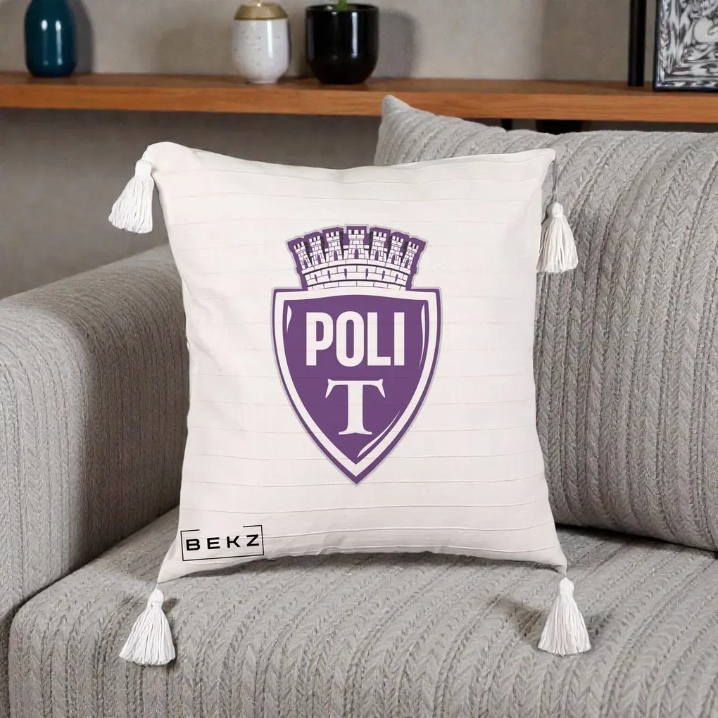 Perna Personalizata Poli Timisoara Fotbal, 40x40 cm, Bej cu Franjuri, Husa Detasabila, Perna Inclusa, BEKZ®