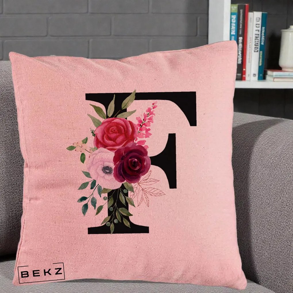 Cadou Personalizat - Perna Personalizata Monograma Florala Litera F, 40x40 cm, Roz, Husa Detasabila, Perna Inclusa, BEKZ®