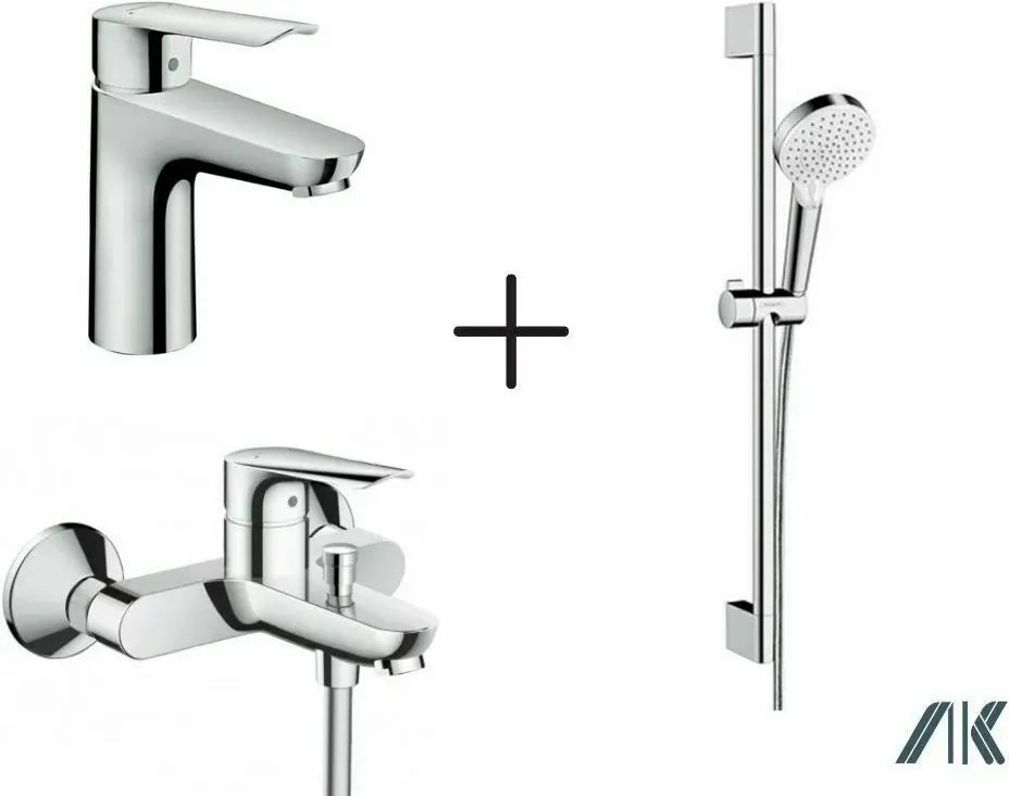 Set baterii Hansgrohe Logis E cu baterie lavoar, baterie cada si set de dus cu bara crom