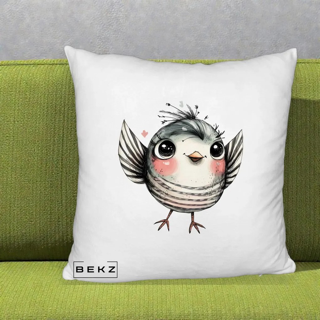 Perna Decorativa Pasare Gri cu Aripi si Inimioare, 40x40 cm, Alb Pufos, Husa Detasabila, Perna Inclusa, BEKZ®