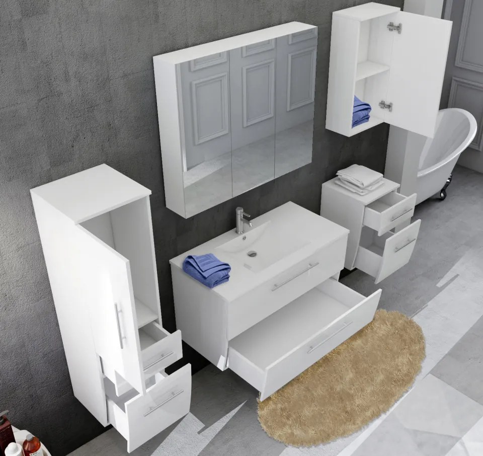 Set 5 piese mobilier pentru baie, alb, 90 cm