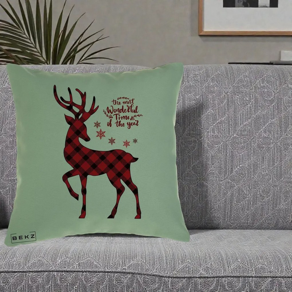 Perna Decorativa Ren Buffalo Plaid Craciun, 40x40 cm, Verde, Husa Detasabila, Perna Inclusa, BEKZ®