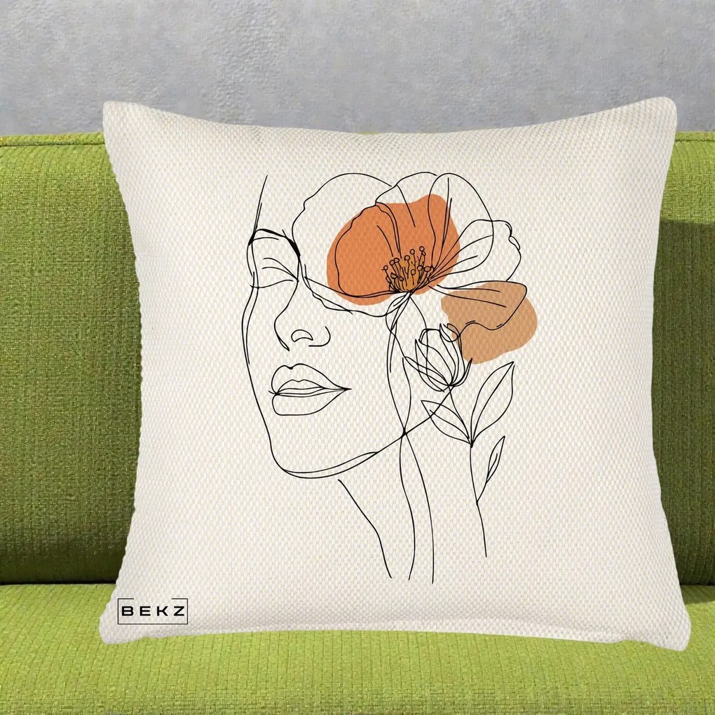 Perna Decorativa Portret Feminin Mac Profilat, 40x40 cm, Crem Reliefat, Husa Detasabila, Perna Inclusa, BEKZ®