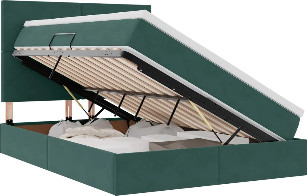 vidaXL Pat cu saltea și spațiu de depozitare Verde închis 140 x 190 cm