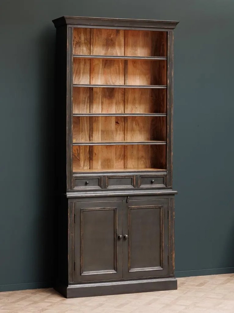 Biblioteca din lemn de mango, cu 6 rafturi, un sertar si 2 usi, cu aspect vintage, Valmore