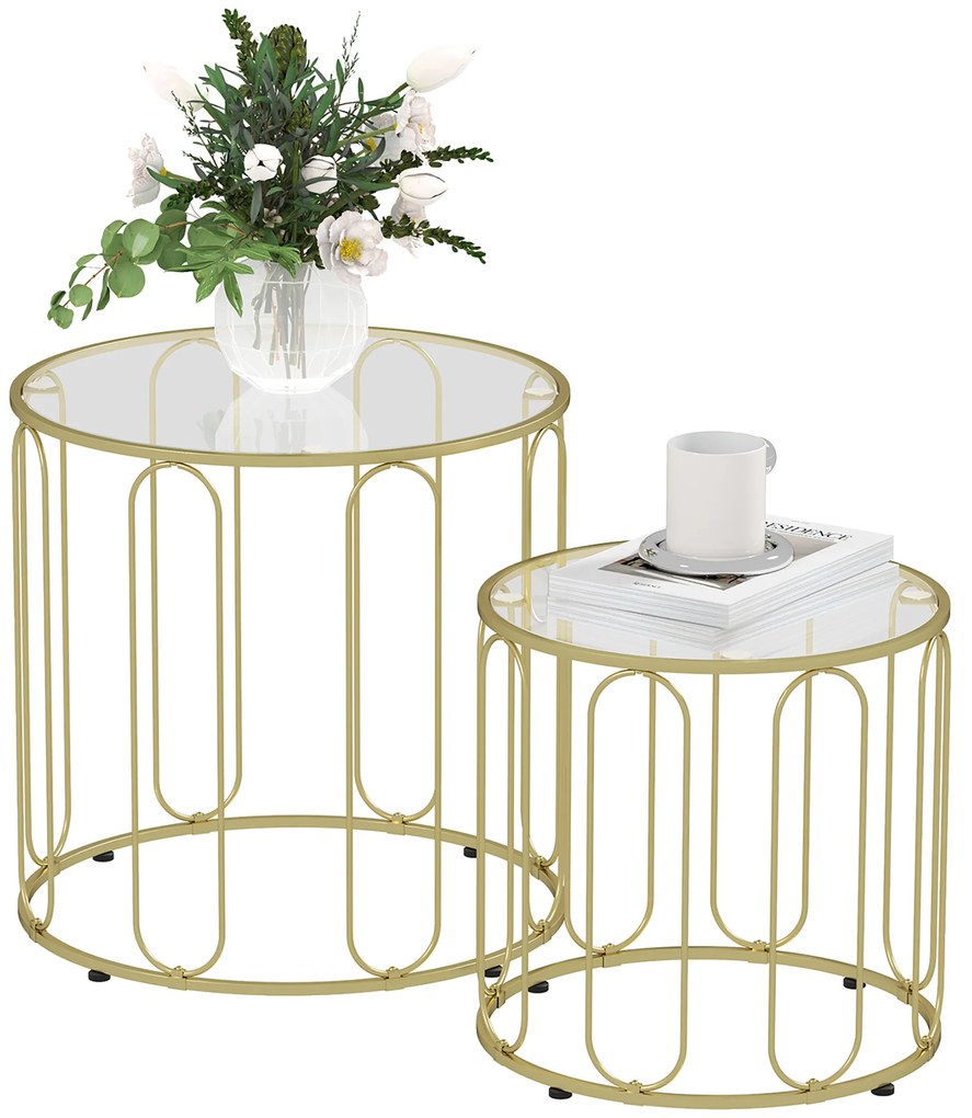 HOMCOM Set de 2 mese de cafea gigogne rotunde moderne cu cadru din metal și blat din sticlă securizată, ton auriu | Aosom Romania