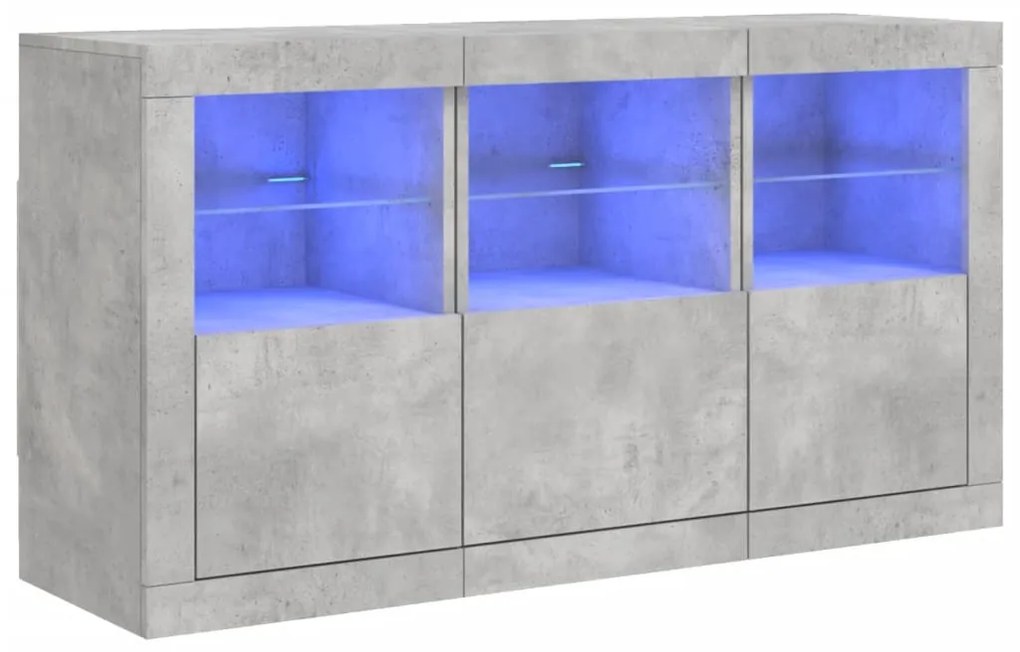 3209061 vidaXL Servantă cu lumini LED, gri beton, 123x37x67 cm