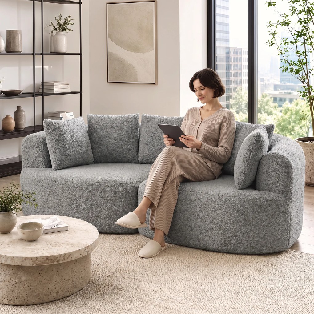 HOMCOM Canapea 3 locuri fără cadru, cu șezut amplu, 6 perne, design curbat, din chenille, gri deschis | Aosom Romania