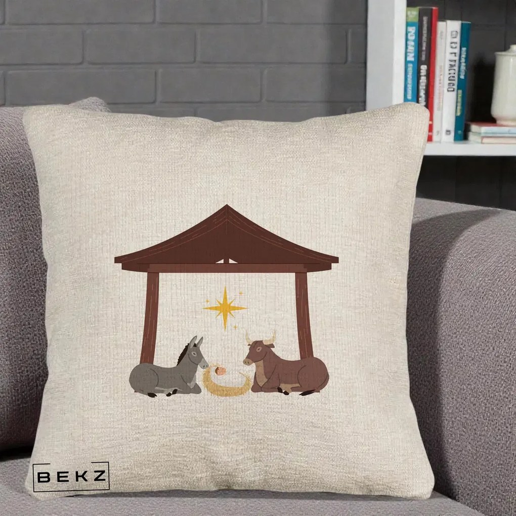 Perna Decorativa Ieslea din Betleem cu Iesle Asin si Bou, 40x40 cm, Bej Canapea, Husa Detasabila, Perna Inclusa, BEKZ®