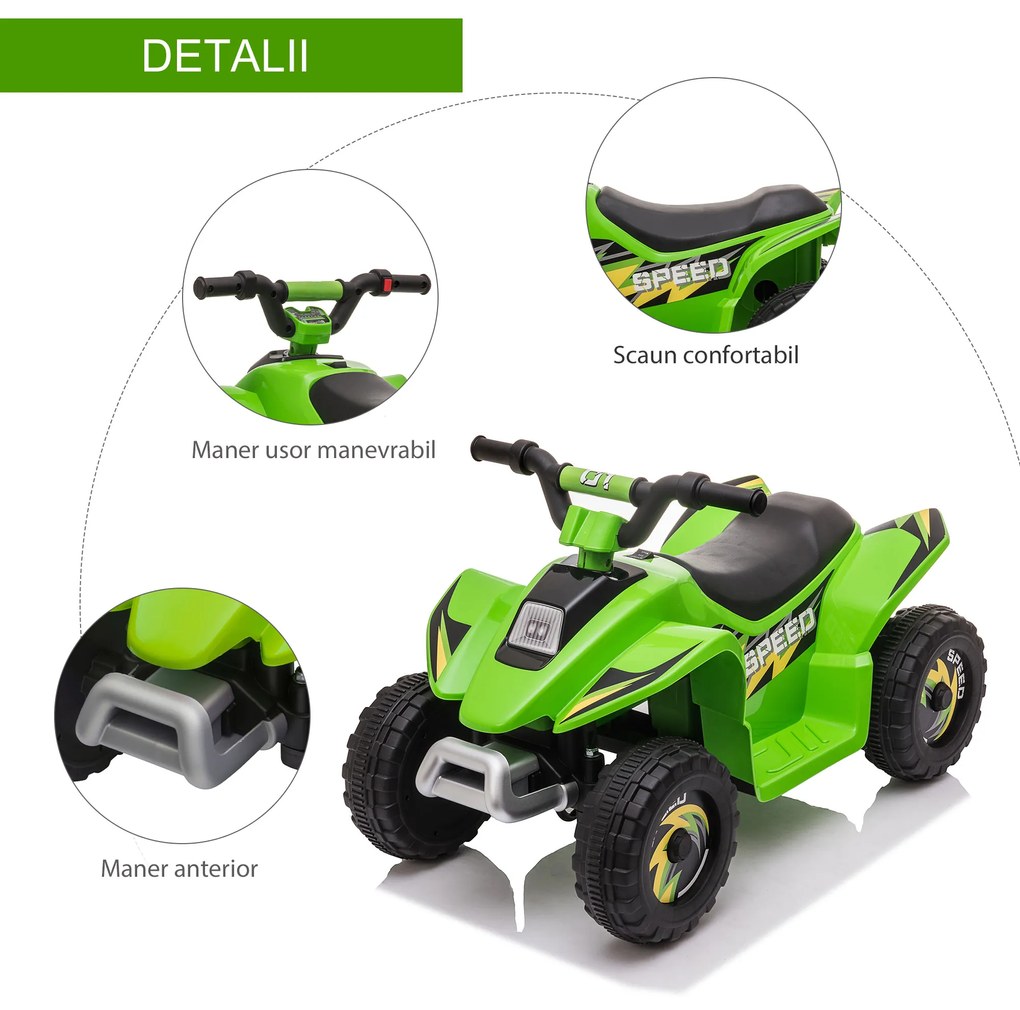 ATV Copii Electric HOMCOM cu Baterie Incarcabila 6V, Viteza 2,8-4,6km/h, Varsta 3-5 Ani, 72x40x45,5cm, Verde | Aosom Romania