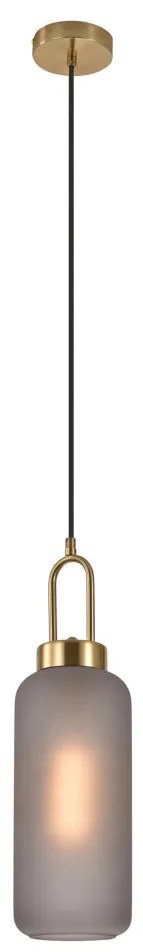 Lampă suspendată Luton, sticlă fumurie mată, soclu din cupru, cilindrică, 13 cm, cablu textil 150 cm