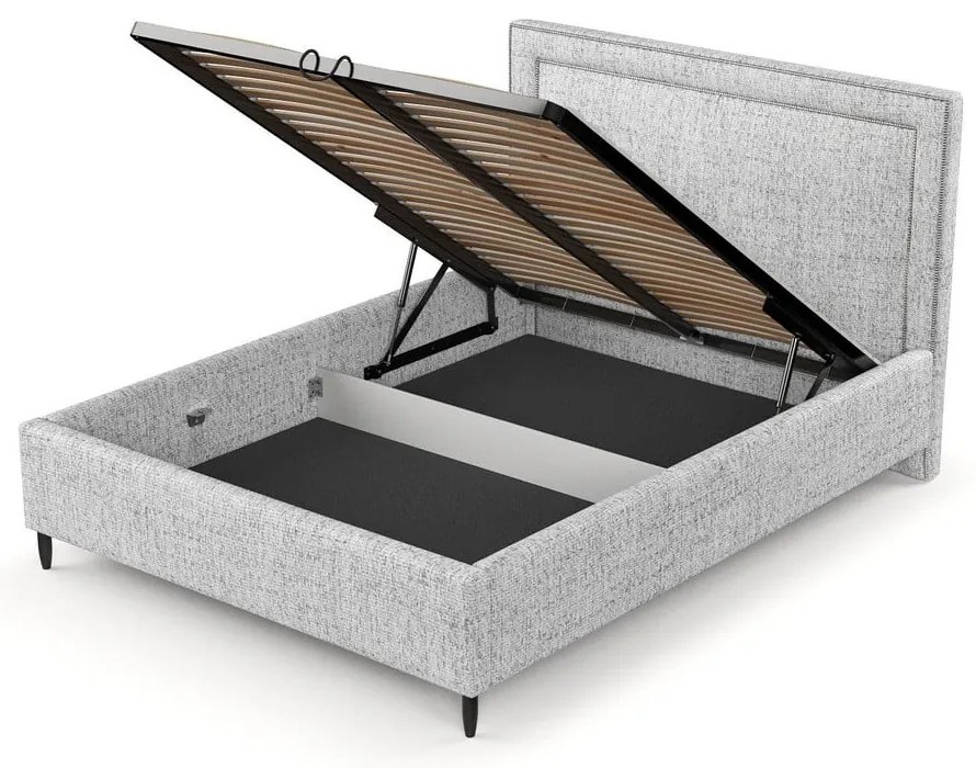 Pat matrimonial gri deschis tapițat cu spațiu de depozitare cu somieră 160x200 cm Baleine – Maison de Rêve