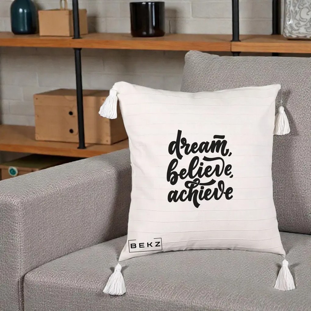Perna Decorativa Dream Believe Achieve, 40x40 cm, Bej cu Franjuri, Husa Detasabila, Perna Inclusa, BEKZ®
