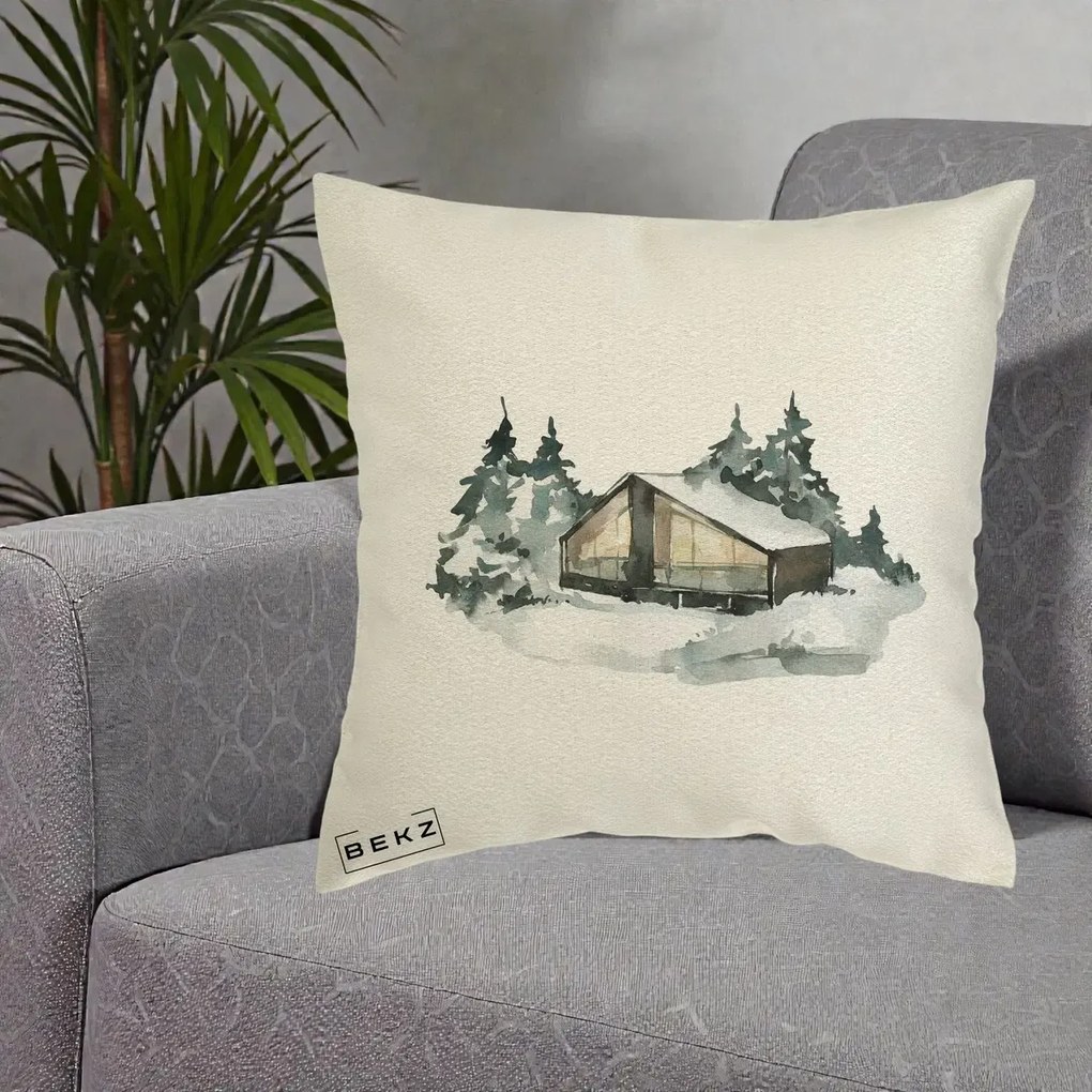 Perna Decorativa Cabana de Iarna in Padure, 40x40 cm, Ecru, Husa Detasabila, Perna Inclusa, BEKZ®