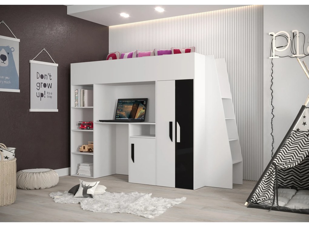 Pat pentru copii combinat 90 cm Puro 15 (alb mat + alb lucios + negru lucios). 1087096