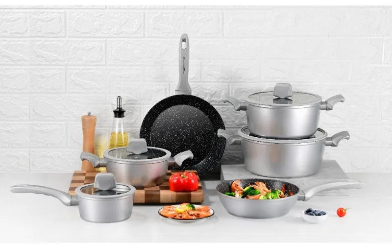 Set oale si tigai Royalty Line T010-Silver, Aluminiu, 10 piese, Acoperire marmura, Argintiu