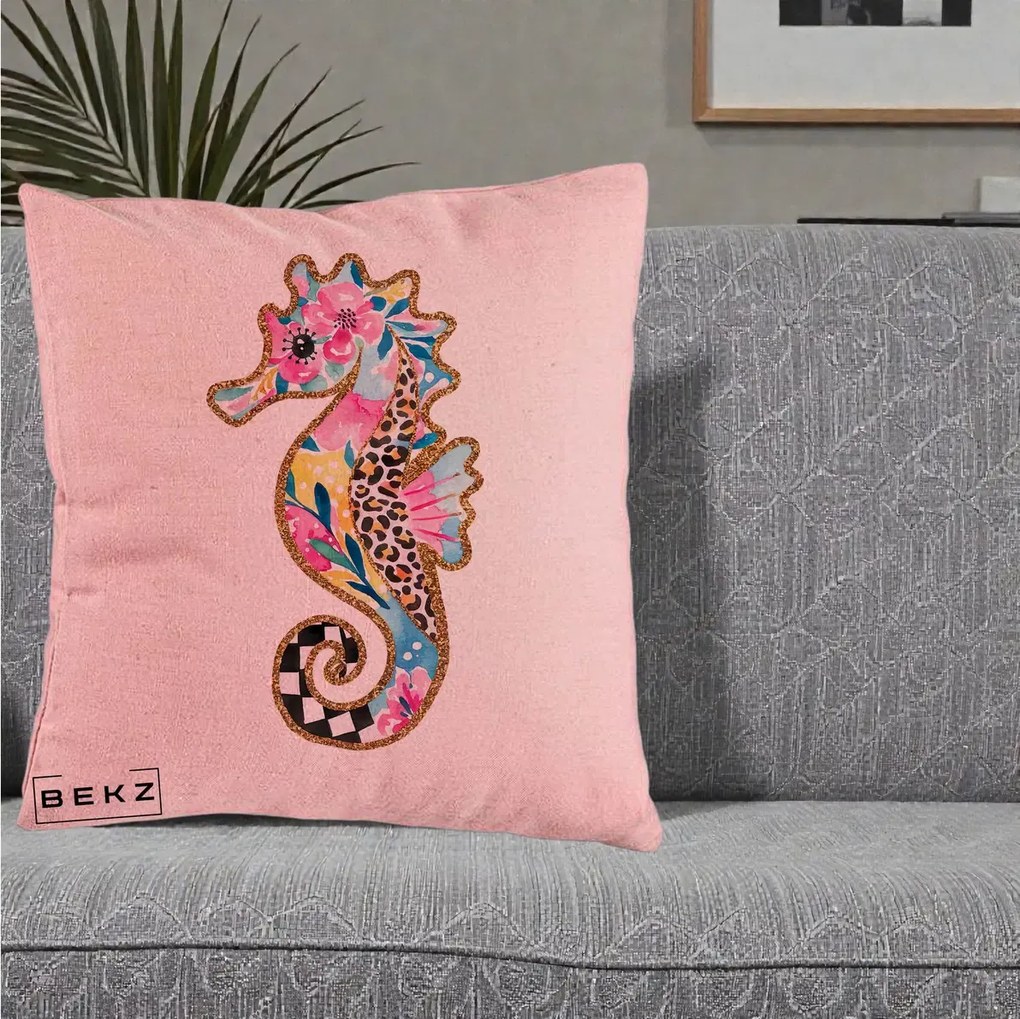 Perna Decorativa Calut de Mare Glitter Tropical, 40x40 cm, Roz, Husa Detasabila, Perna Inclusa, BEKZ®