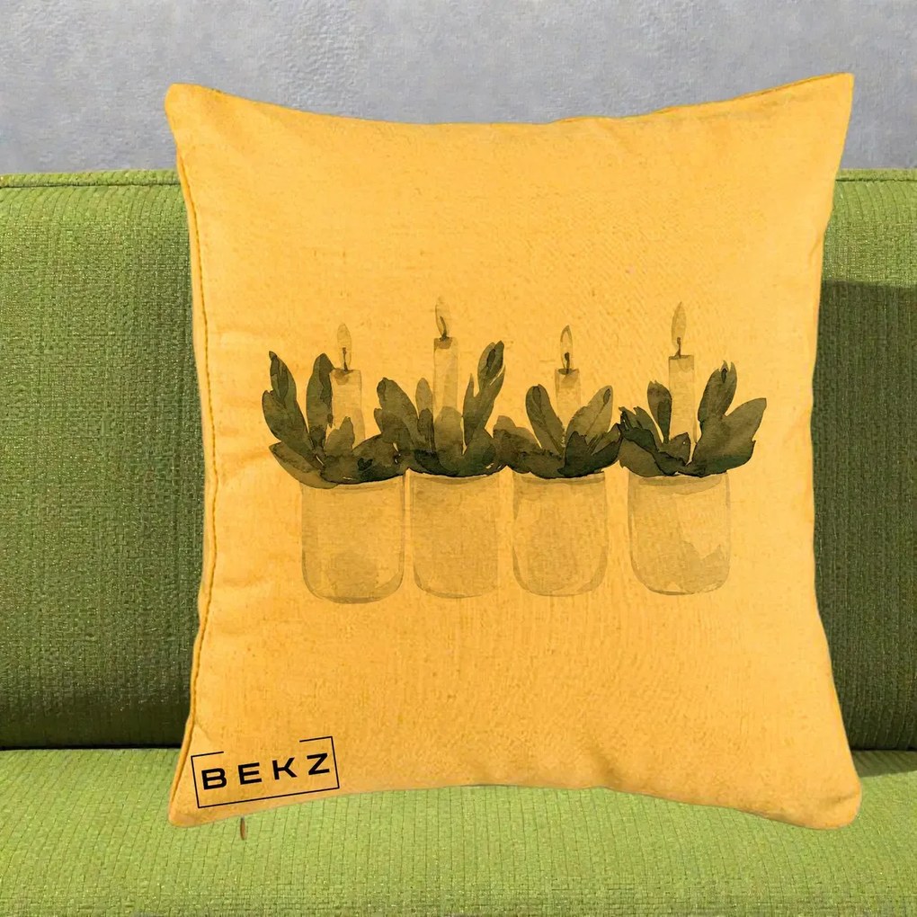 Perna Decorativa Lumanari Advent in Borcane, 40x40 cm, Galben, Husa Detasabila, Perna Inclusa, BEKZ®