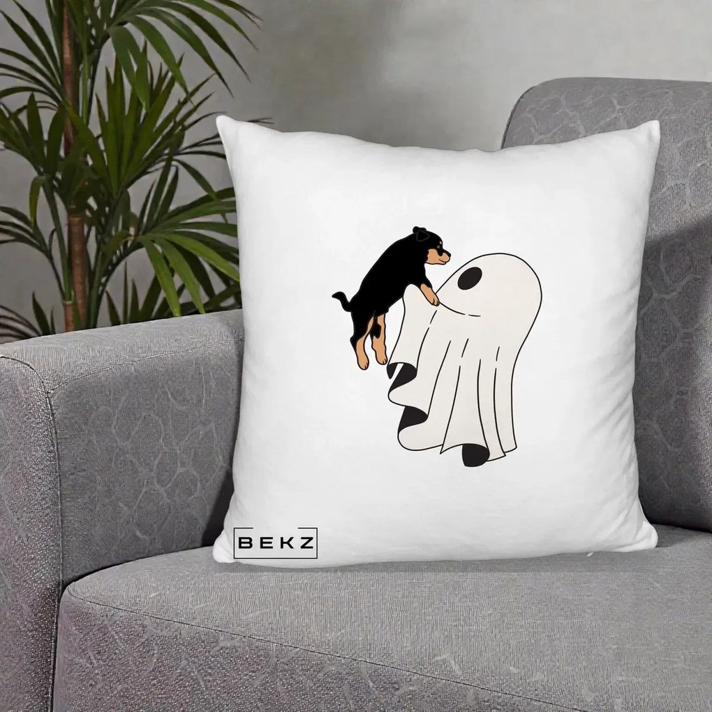 Perna Decorativa Caine Rottweiler Fantoma Halloween, 40x40 cm, Alb Pufos, Husa Detasabila, Perna Inclusa, BEKZ®