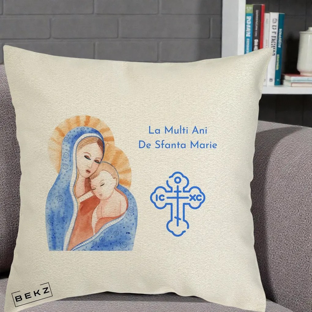 Cadou de Onomastica - Perna Personalizata Sfanta Marie Icoana Acuarela, 40x40 cm, Ecru, Husa Detasabila, Perna Inclusa, BEKZ®