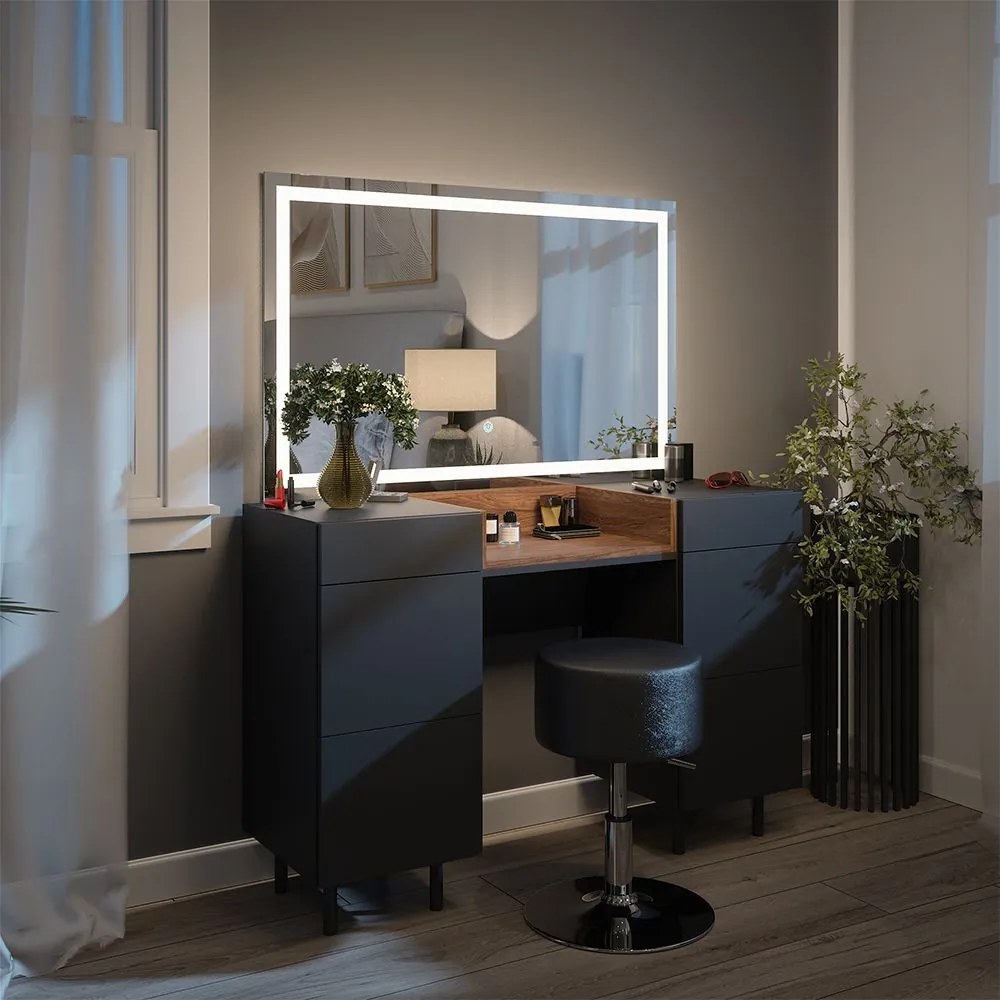 SEG216 - Set Masa toaleta 120 cm cosmetica machiaj, oglinda cu LED, masuta vanity cu sau fara scaun - Gri Antracit - Maro