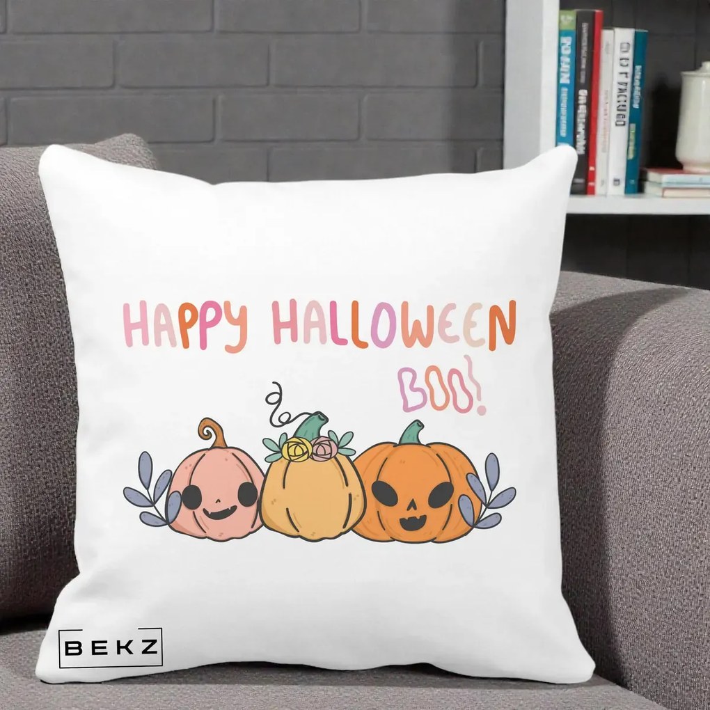 Perna Decorativa Happy Halloween Boo Trei Dovlecei Kawaii, 40x40 cm, Alba Mata, Husa Detasabila, Perna Inclusa, BEKZ®