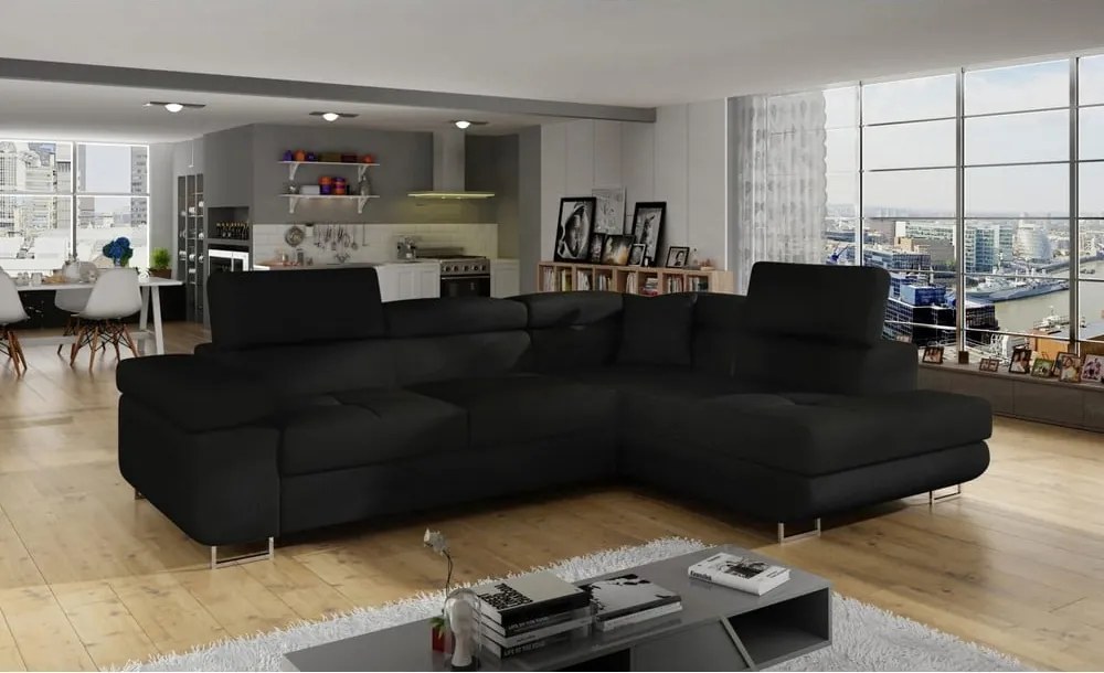 Colțar negru extensibil/cu spațiu de depozitare (cu colț pe partea dreaptă/în formă de ”L”) Anton – ELTAP