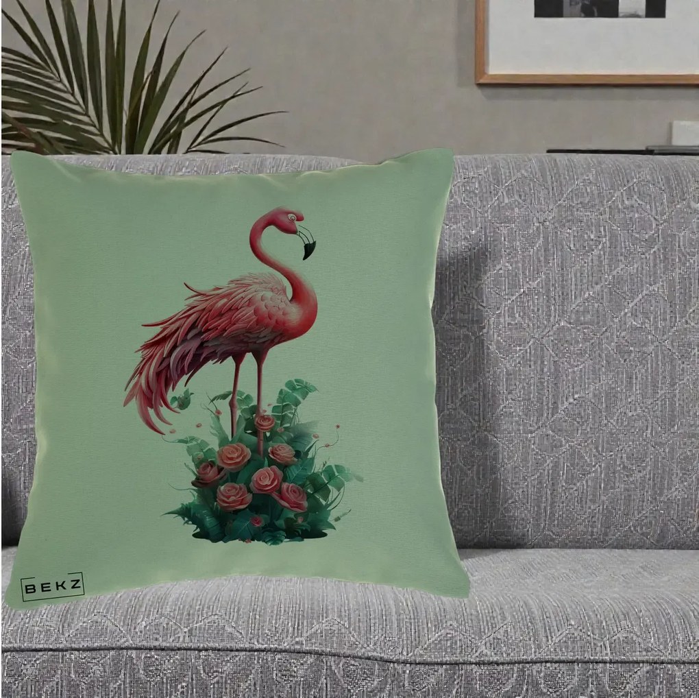 Perna Decorativa Flamingo cu Trandafiri Tropicali, 40x40 cm, Verde, Husa Detasabila, Perna Inclusa, BEKZ®