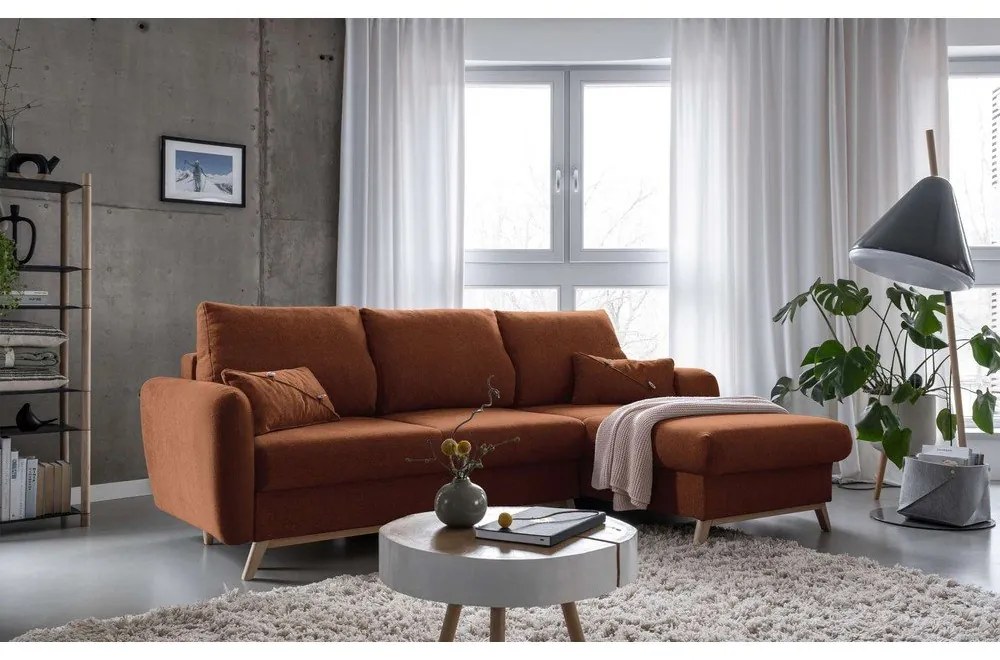 Colțar extensibil cu șezlong pe partea dreaptă Miuform Scandic Lagom, portocaliu cărămiziu