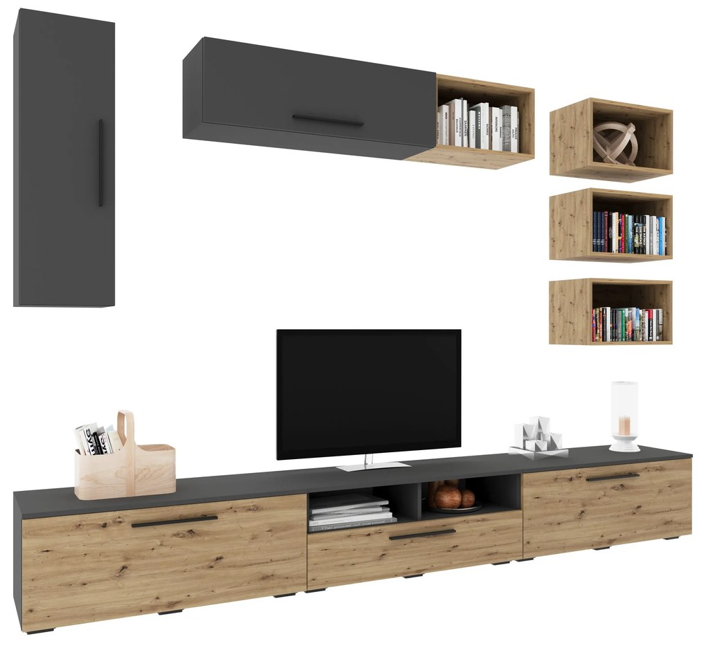 Living Kos V5, Antracit/Stejar Artisan, L 285 cm