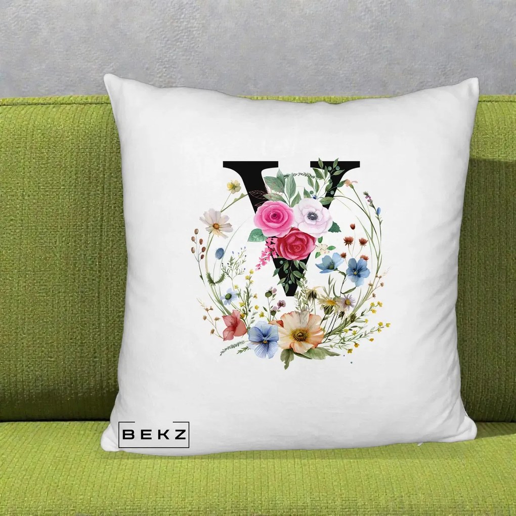 Cadou Personalizat - Perna Personalizata Monograma Florala Litera V cu Coroana, 40x40 cm, Alb Pufos, Husa Detasabila, Perna Inclusa, BEKZ®
