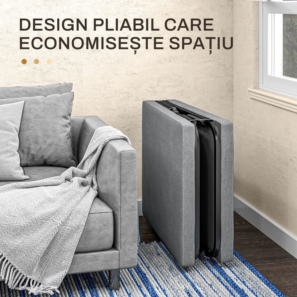 HOMCOM Pat Pliant cu Saltea, Spătar Reglabil pe 5 Nivele, 4 Roți și Cadru din Metal cu Bare, 180x70x38 cm, Gri | Aosom Romania