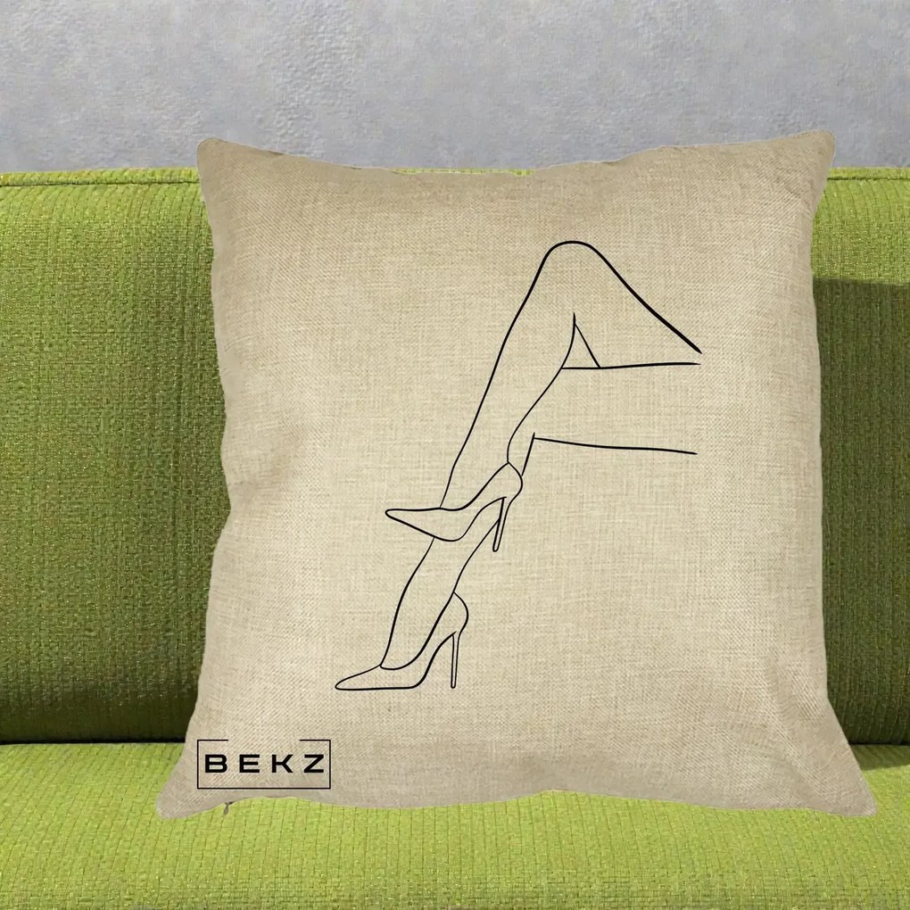 Perna Decorativa Picioare cu Tocuri Line Art, 40x40 cm, Crem, Husa Detasabila, Perna Inclusa, BEKZ®