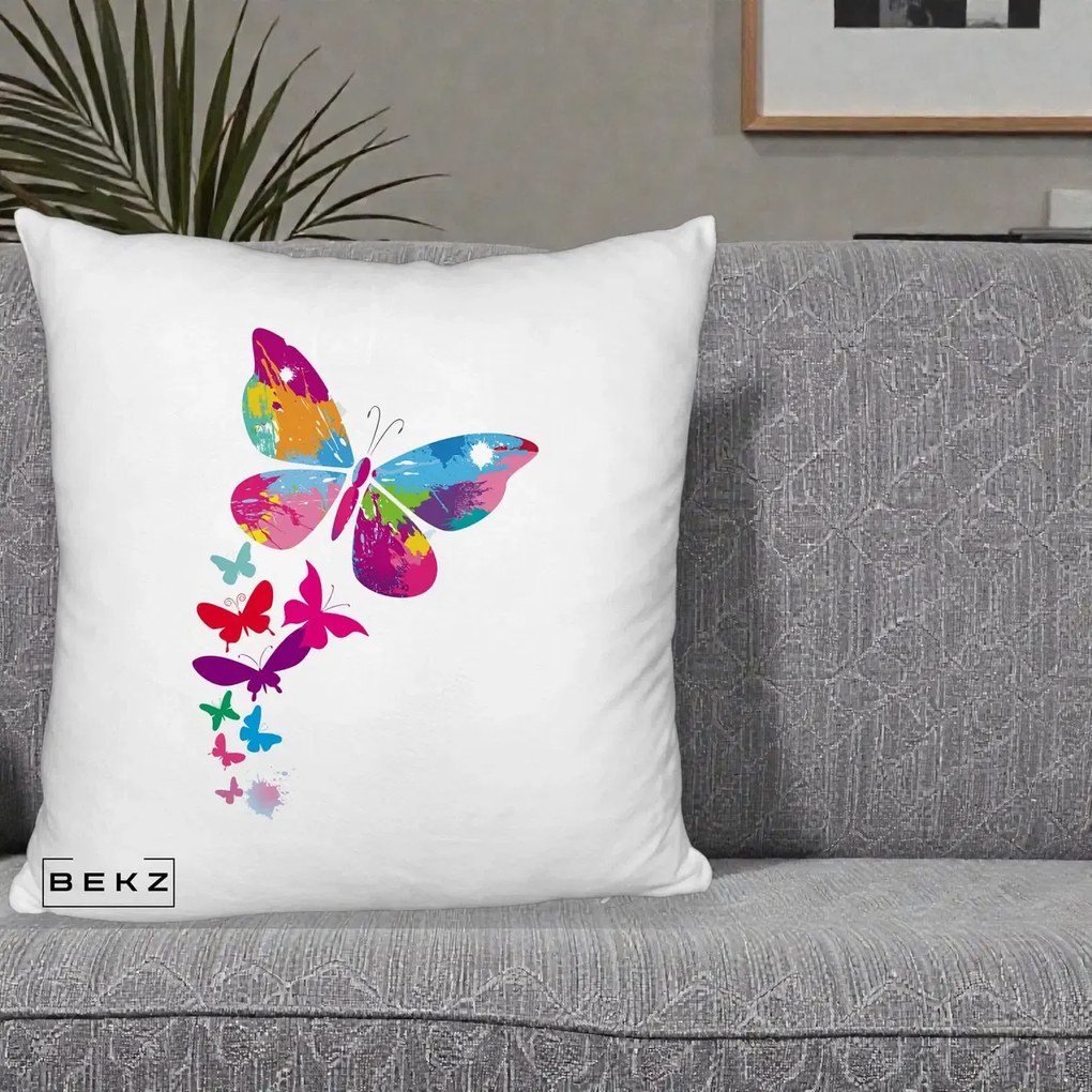 Perna Decorativa Fluturi Splash, 40x40 cm, Alb Pufos, Husa Detasabila, Perna Inclusa, BEKZ®