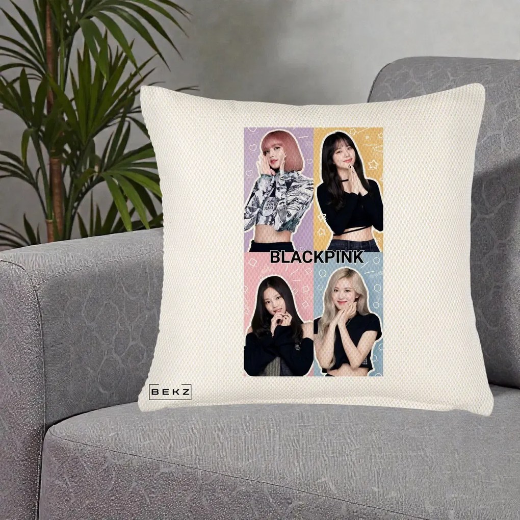 Perna Personalizata K-pop BLACKPINK Negru, 40x40 cm, Crem Reliefat, Husa Detasabila, Perna Inclusa, BEKZ®
