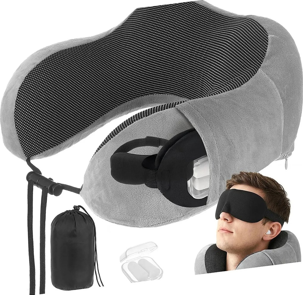 Set perna de calatorie cervicala 3D memory foam, masca de somn si dopuri antizgomot, Gri/Negru