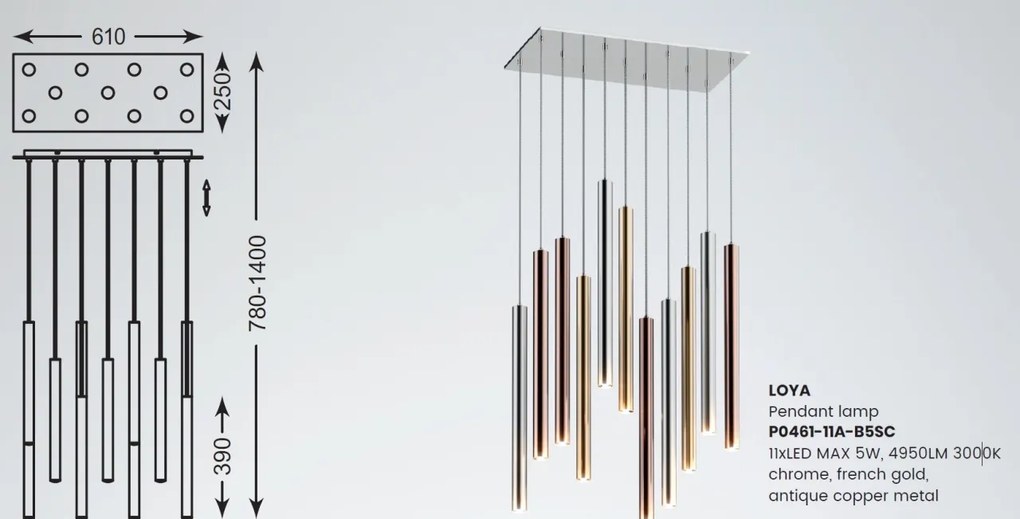 Lustra LED design minimalist cu 11 pendule LOYA crom/ auriu- french gold/ cupru
