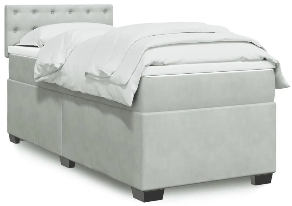 vidaXL Pat box spring cu saltea, gri deschis, 90x190 cm, catifea