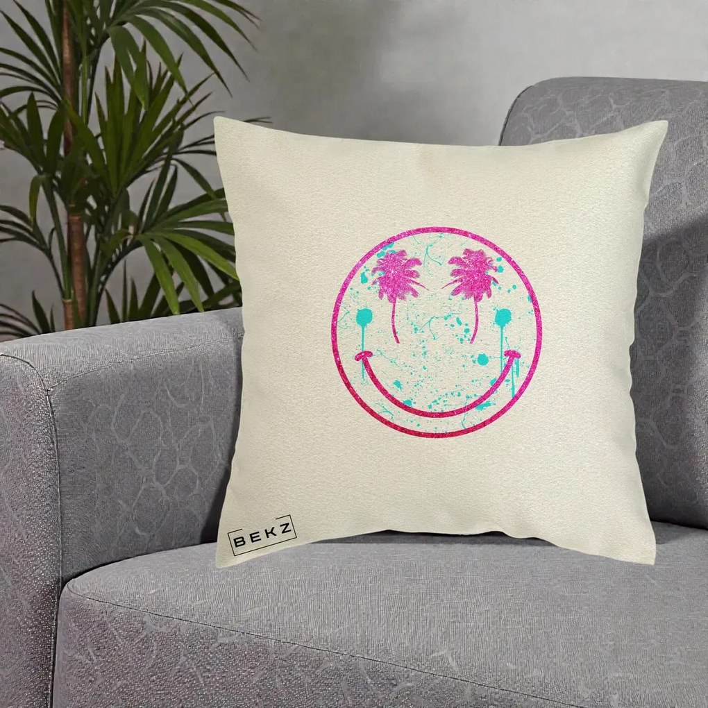 Perna Decorativa Smiley Face Tropical Glitter Roz, 40x40 cm, Ecru, Husa Detasabila, Perna Inclusa, BEKZ®
